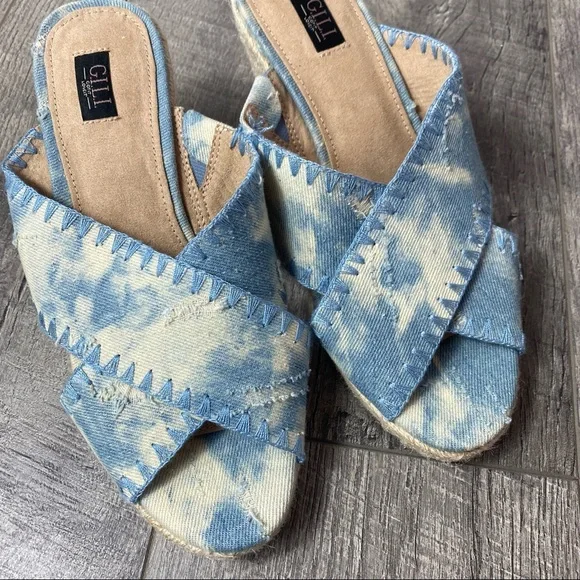 G.I.L.I. Denim bleach distressed 90s y2k style wedge heels size 6.5 - Picture 2 of 8